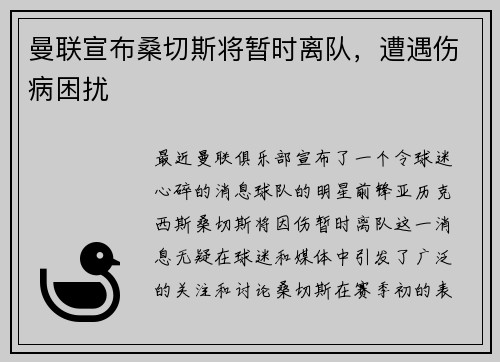 曼联宣布桑切斯将暂时离队，遭遇伤病困扰